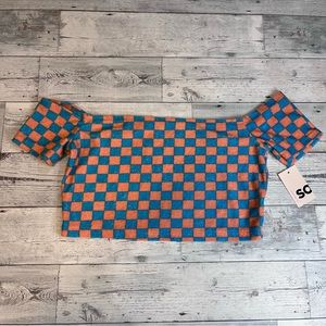 SO Checkered Off the Shoulder Terry Cloth Crop Top Size XL